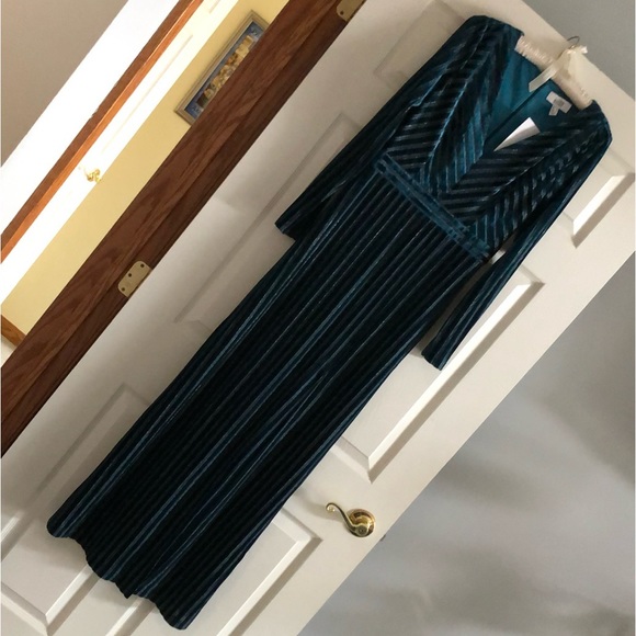 Badgley Mischka Striped Teal Velvet Gown 4 NWT - Picture 2 of 13